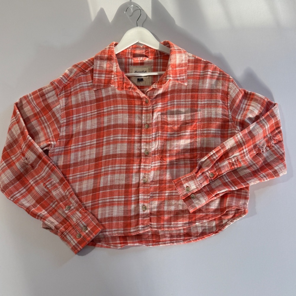 American Eagle Womens Flannel Plaid Cropped Button Up Shirt Size S Distressed